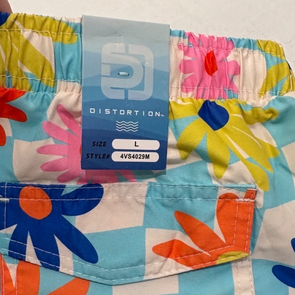 Distortion Men Swim Trunks Floral Checkered Drawstring 3 pockets Large‎ NWT - Picture 5 of 5